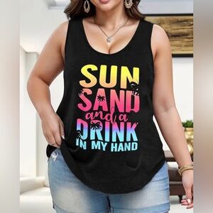 Tank Top-“Sun, Sand & a Drink in My Hand" Graphic, with Colorful Lettering 2XL